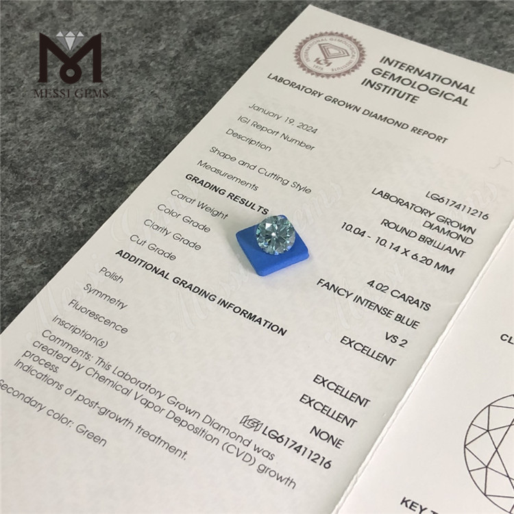 4.02CT Round VS2 FANCY INTENSE BLUE Synthetic Diamonds Online丨Messigems CVD LG617411216 