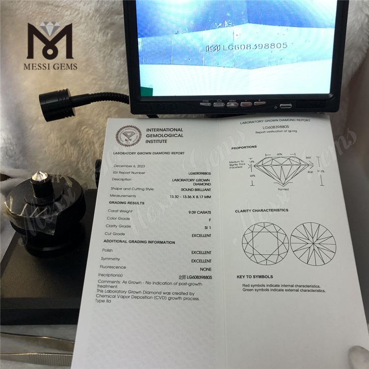 9.09CT F SI1 3EX CVD Lab Grown Diamond China IGI Certified Perfection丨Messigems LG608398805