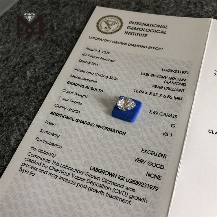 3.49CT lab diamond price Pear shape G VS Lab Diamond wholesale price