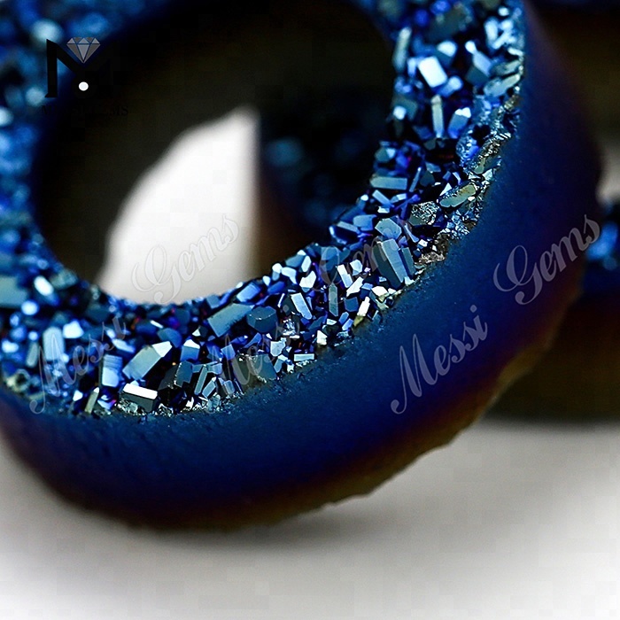 Wholesale Blue Color Tyre Shape Natural Druzy Agate Stone