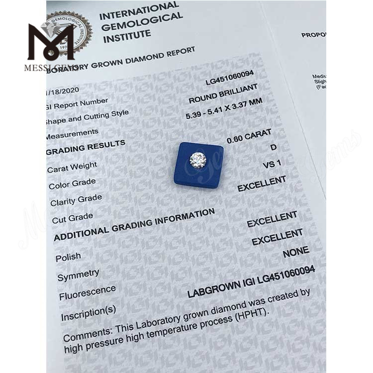 0.60 carat D VS1 EX Cut Grade Round lab created diamond HPHT
