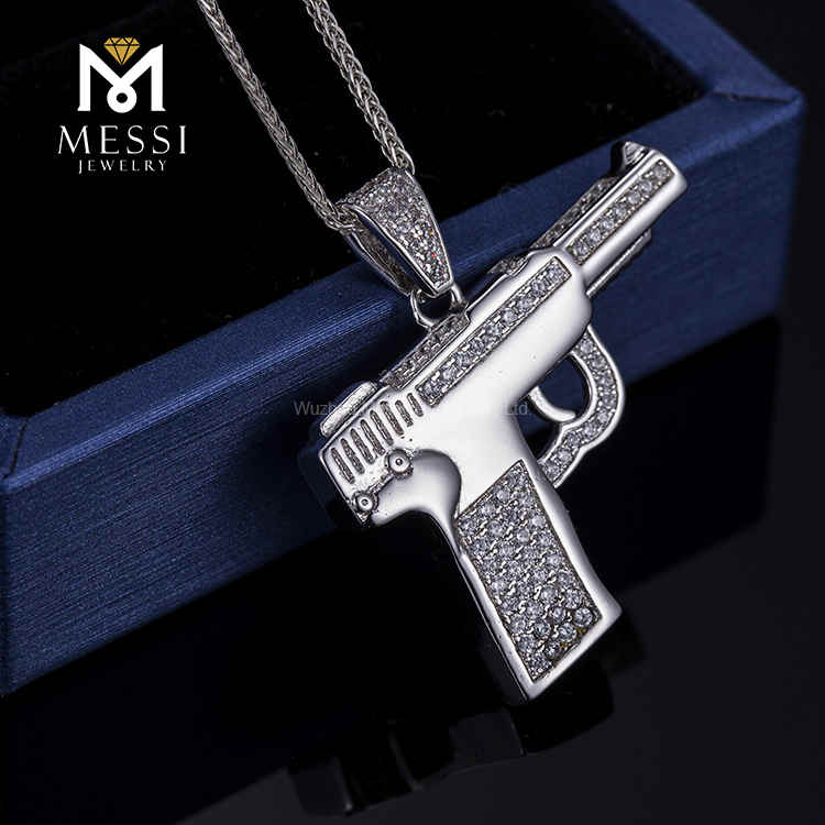 Rapper Chains Gun Hip Hop Silver Jewelry Moissanite Stone Necklace