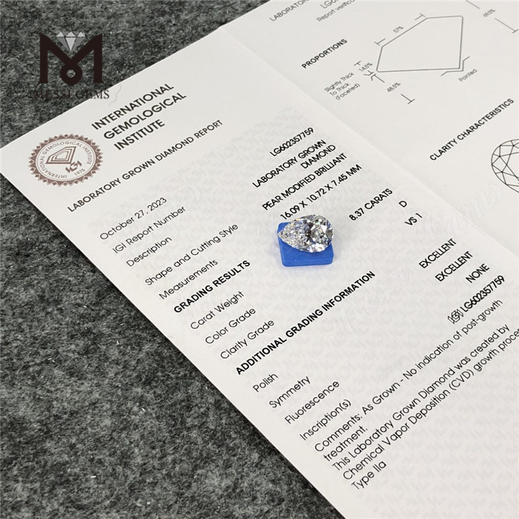 8.37CT D VS1 PEAR 8ct lab grown cvd diamond Ethical and Affordable LG602357759丨Messigems