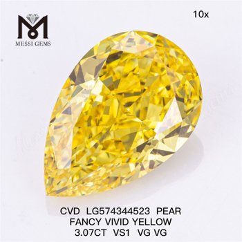 3.07CT VS1 VG VG PEAR Fancy Vivid Yellow Cvd Diamond CVD