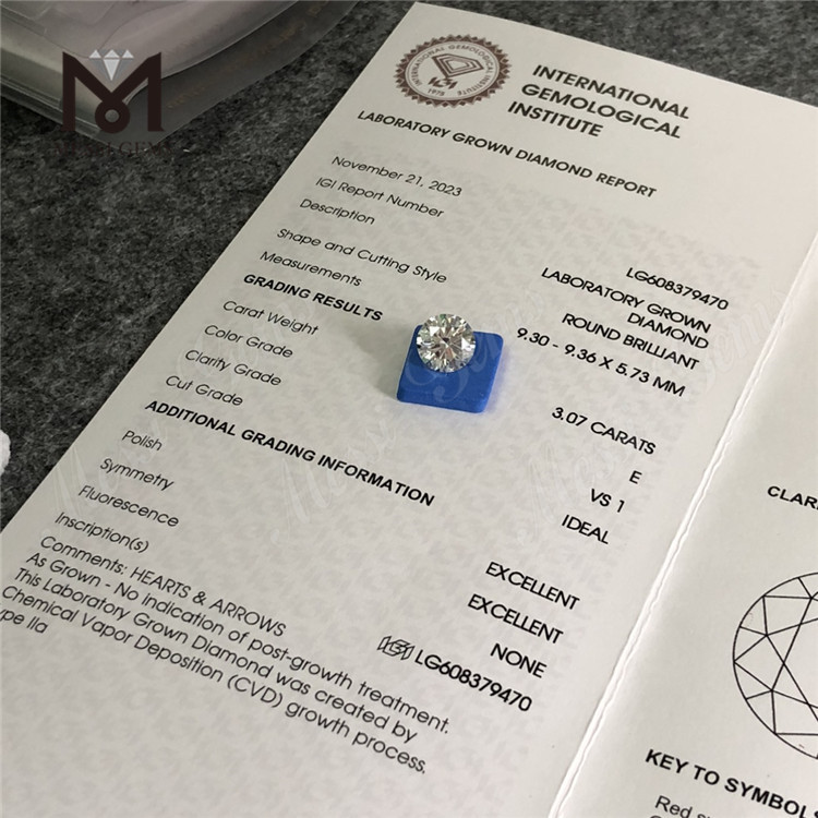 3.07CT E VS1 RD 3ct cvd synthetic diamond LG608379470 for Custom Settings丨Messigems 