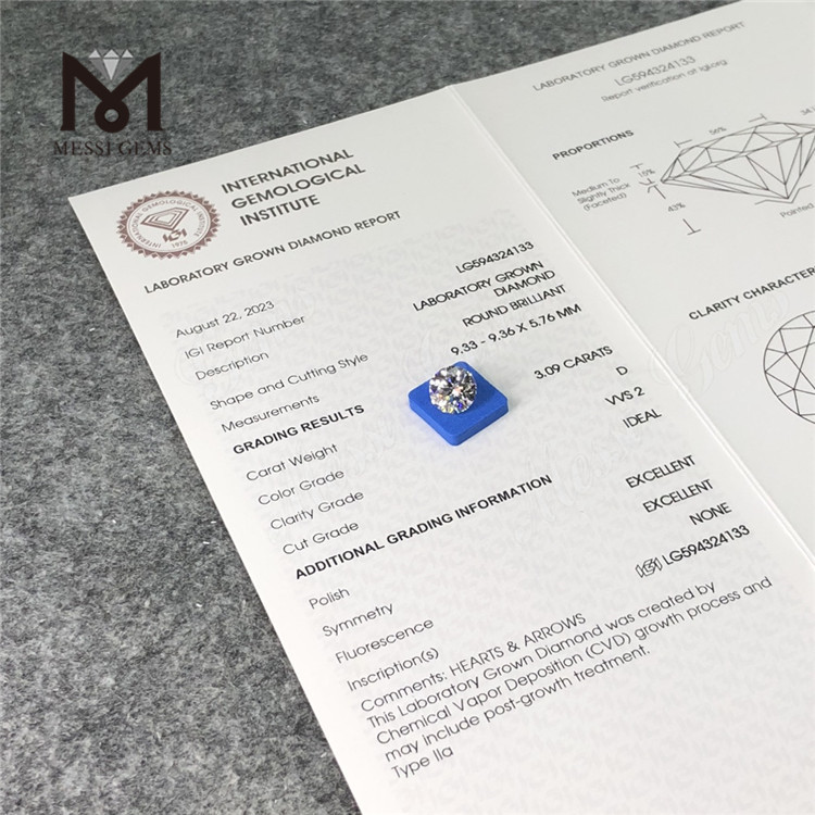 3.09CT D VVS2 ID EX EX CVD Top-Grade Manufactured Diamonds LG594324133丨Messigems