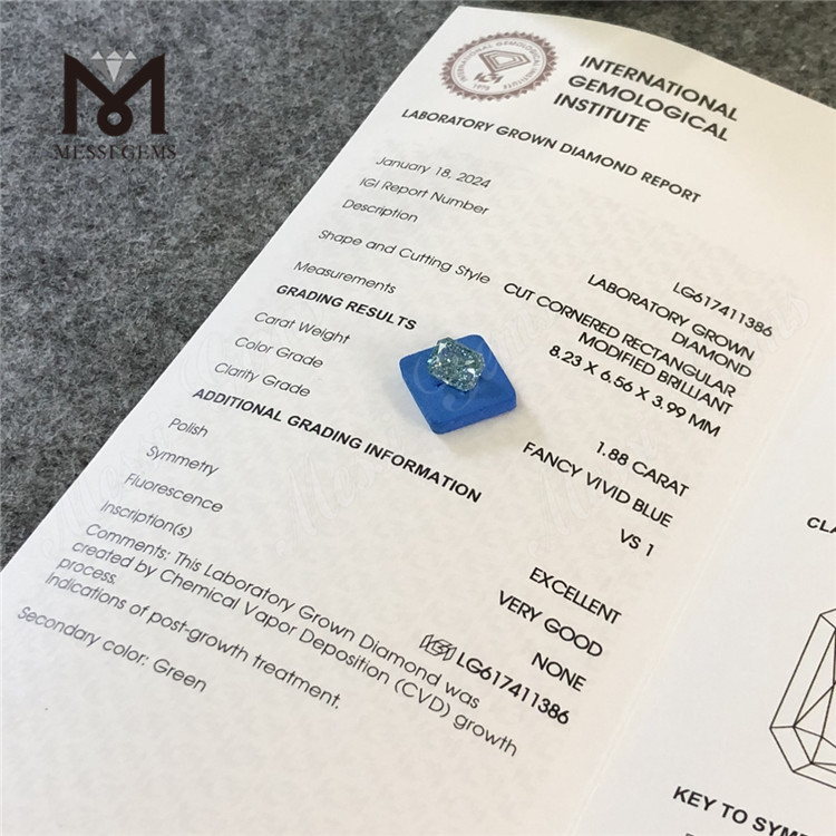 1.88CT VS1 EX VG CVD RECTANGULAR FANCY VIVID BLUE factory diamonds LG617411386丨Messigems