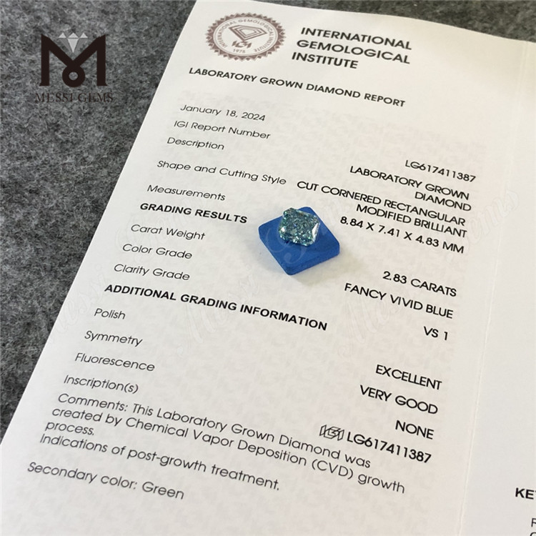 2.83CT VS1 EX VG RECTANGULAR FANCY VIVID BLUE CVD Loose lab created diamond LG617411387丨Messigems