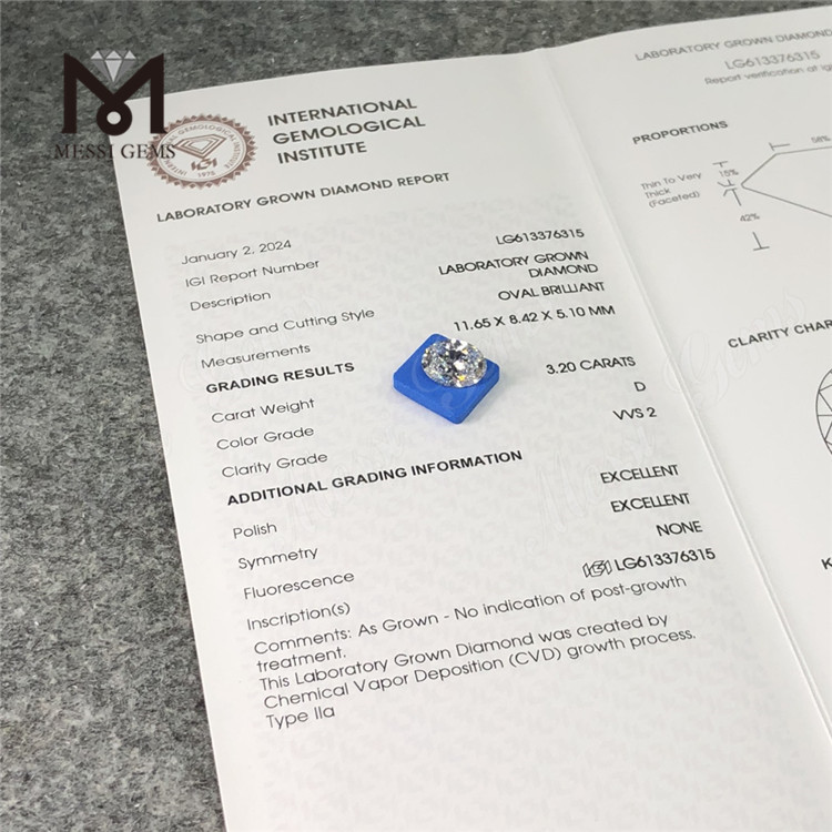 3.20ct D VVS2 CVD 3CT Lab ovale Creato Diamond LG613376315 丨 Messigems
