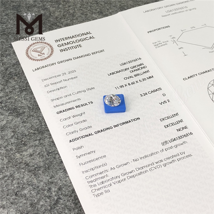 3.24CT OV D VVS2 CVD lab made diamond wholesale price LG613376316丨Messigems
