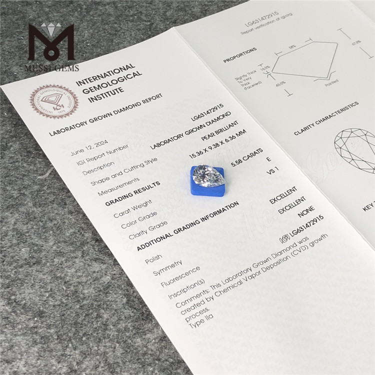 5.58CT E PEAR VS1 synthetic diamonds IGI LG631472915丨Messigems