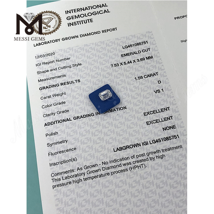 1,56 Karat d Hpht VS1 Emerald Cut Labor Diamanten