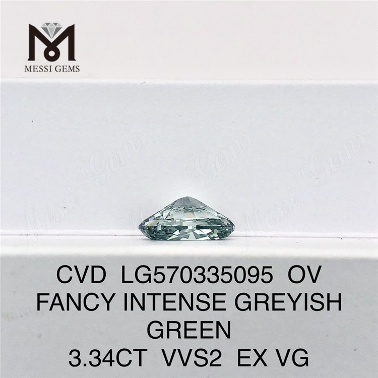 3.34CT OV FANCY INTENSE GREYISH GREEN VVS2 EX VG lab grown diamond CVD LG570335095