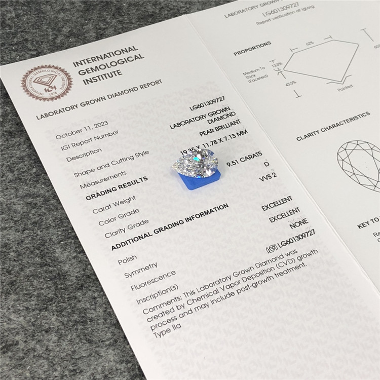 9.51CT D VVS2 PEAR CVD cvd loose grown diamond LG601309727 
