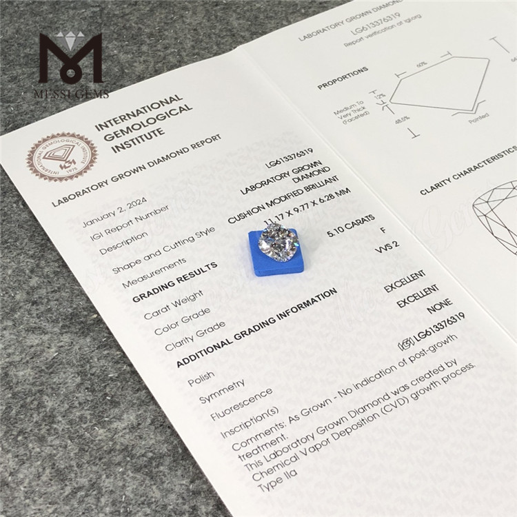 5.10CT F VVS2 CVD best quality cushion lab diamonds LG613376319