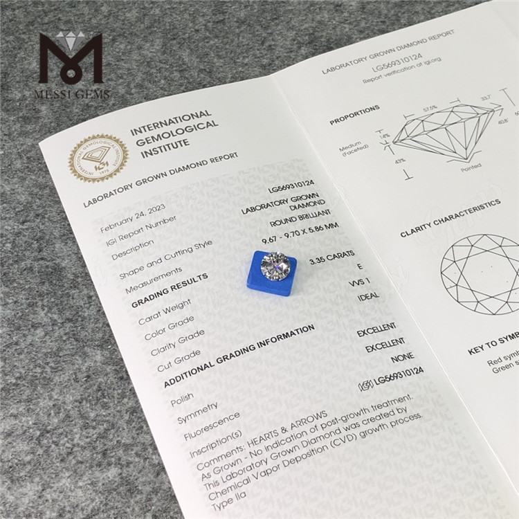 3.35CT E VVS1 ID EX EX Lab Grown Certified Diamonds