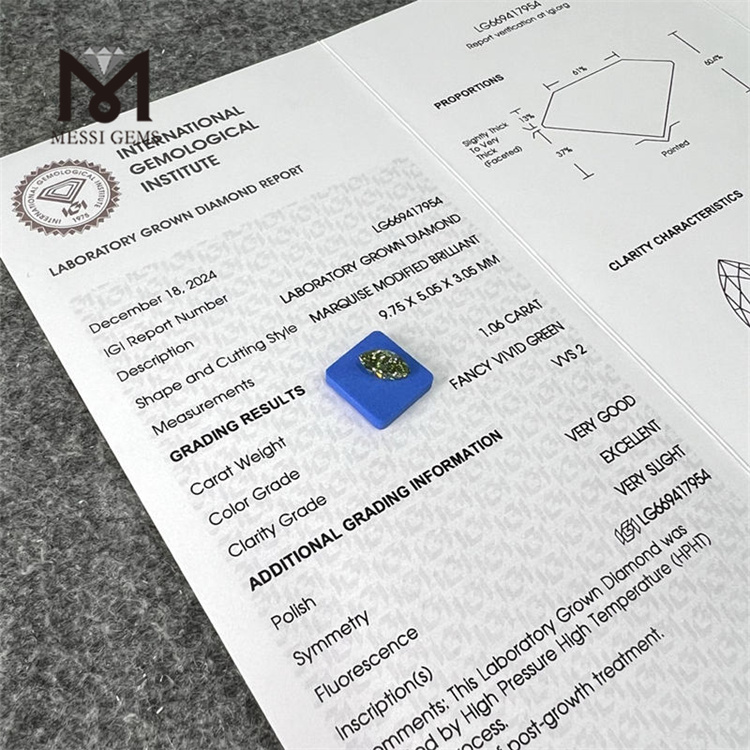1.06CT VVS2 VG EX MQ FANCY VIVID GREEN HPHT Sustainable Lab Created Diamond LG669417954