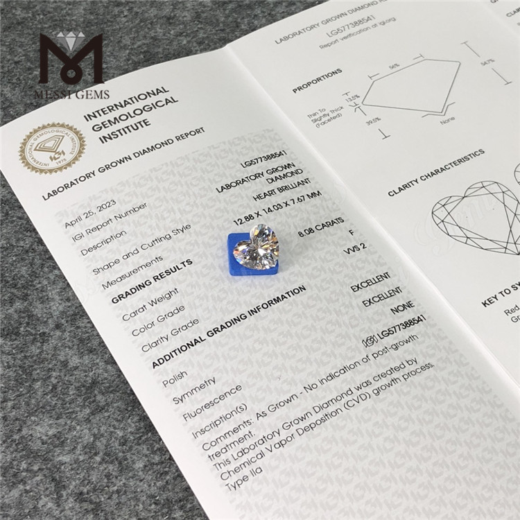 8.08CT F VVS2 EX HS Heart shape CVD fabricated diamonds LG577388541丨Messigems