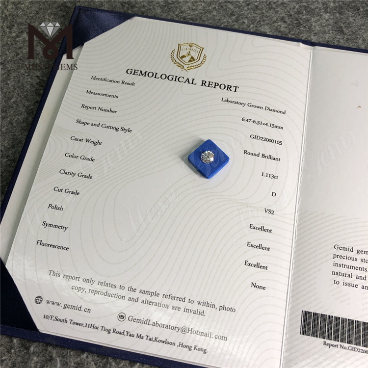 1.11ct D VS2 ID 3EX Lab Grown Diamond HPHT Factory Price Round Cut 