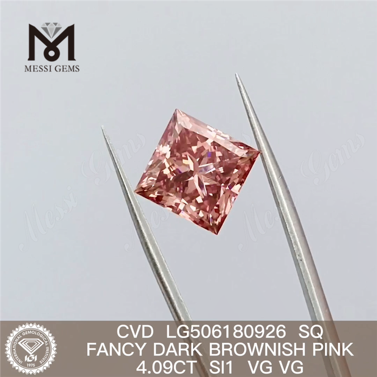 4.09CT SQ CUT FANCY DARK BROWNISH PINK SI1 VG VG CVD lab created pink