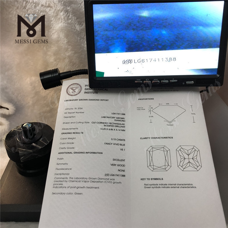 3.13CT VS1 EX VG RECTANGULAR FANCY VIVID BLUE CVD IGI lab created diamonds LG617411388丨Messigems