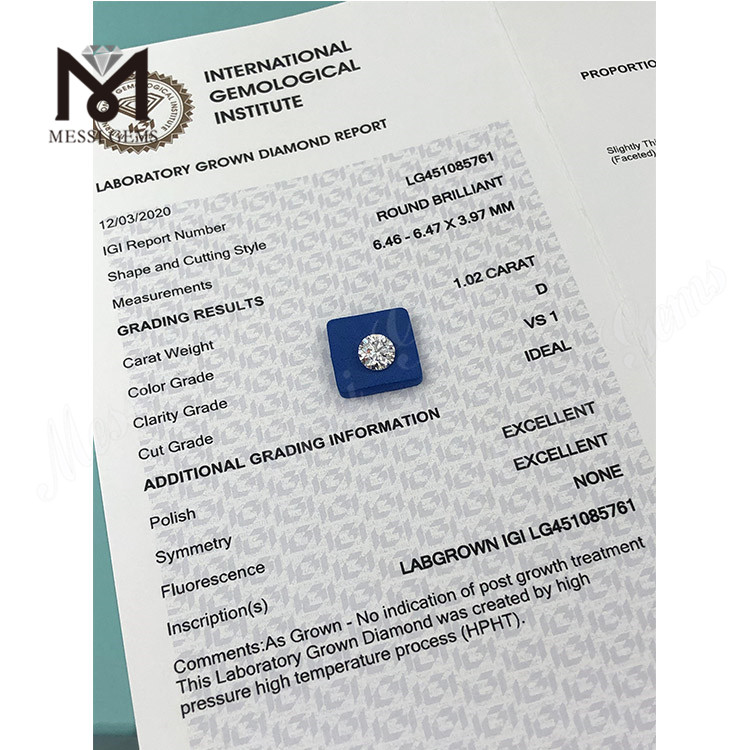 HPHT lab grown diamond 1.02ct D VS1 RD IDEAL Cut Grade