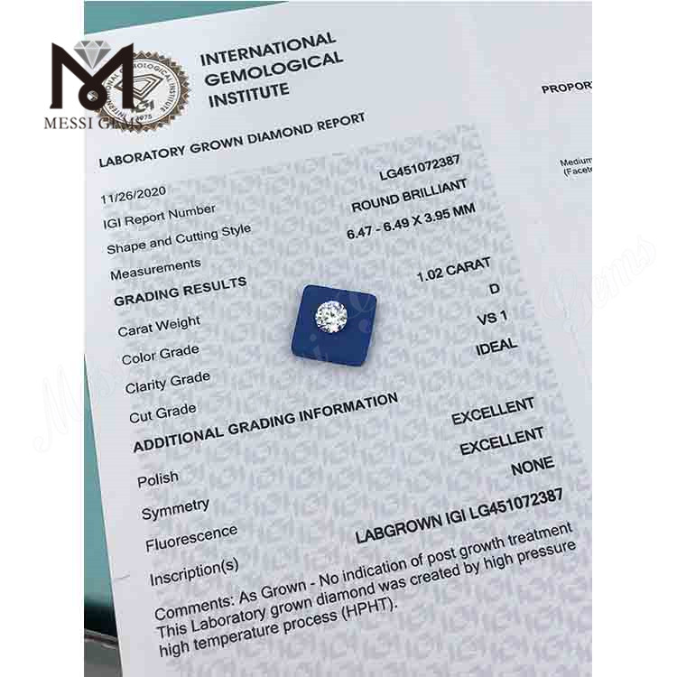 1.02ct D/VS1 RD lab grown diamond IDEAL