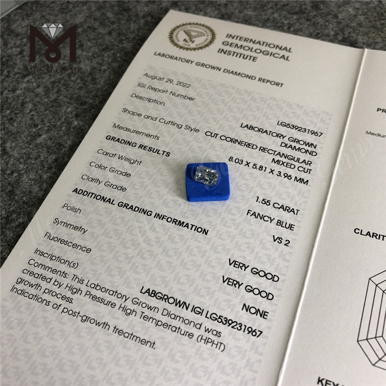 1.55ct blue HPHT diamond wholesale RECTANGULAR HPHT blue lab diamonds