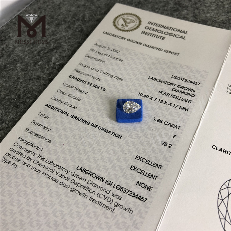 1.88ct F VS2 2 carat man made diamond PEAR chinese synthetic diamonds