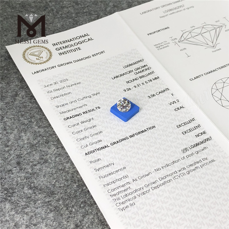 3.06CT F VVS2 ID EX EX 3ct Loose CVD Diamonds Directly from the Factory LG586362957丨Messigems 