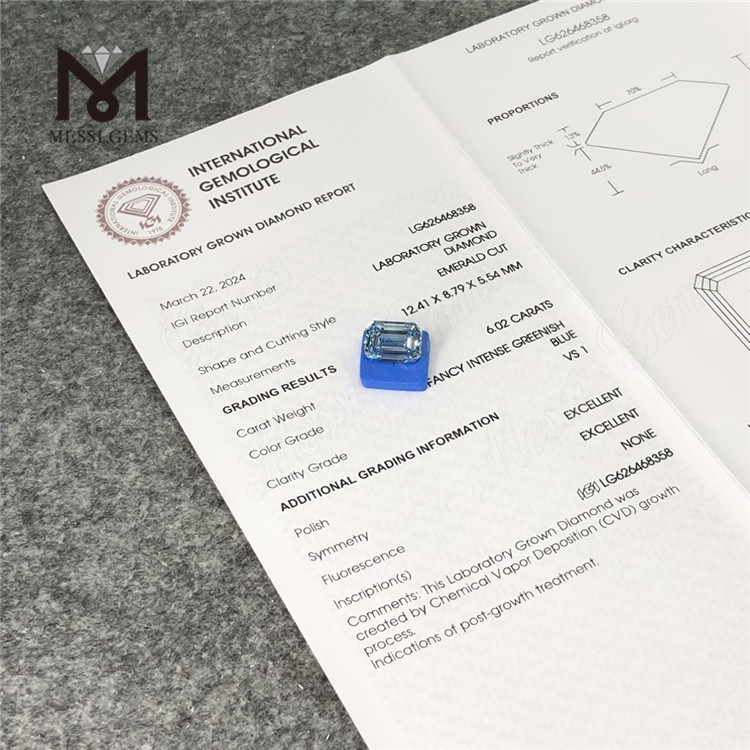 6.02CT Blue Emerald Cut Lab Cultured Diamonds VS1 CVD LG626468358丨Messigems 