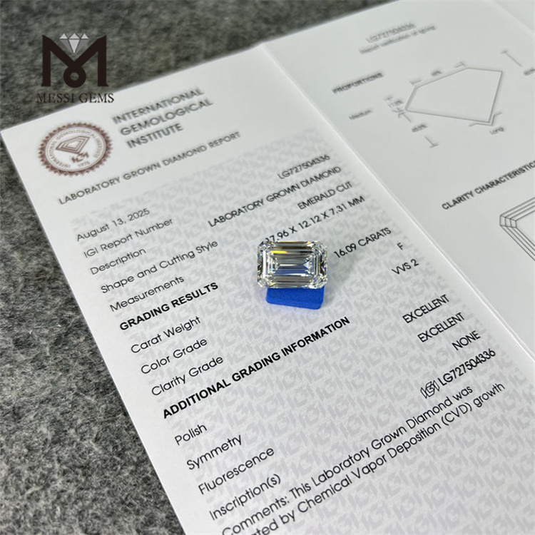 16.09CT Emerald Sustainable Lab Created Diamond F VVS2 EX EX CVD LG727504336