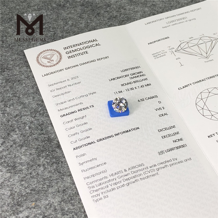 6.52CT D VVS2 ID EX EX CVD lab cultured diamonds Your Source for Bulk Purchase LG597359301丨Messigems