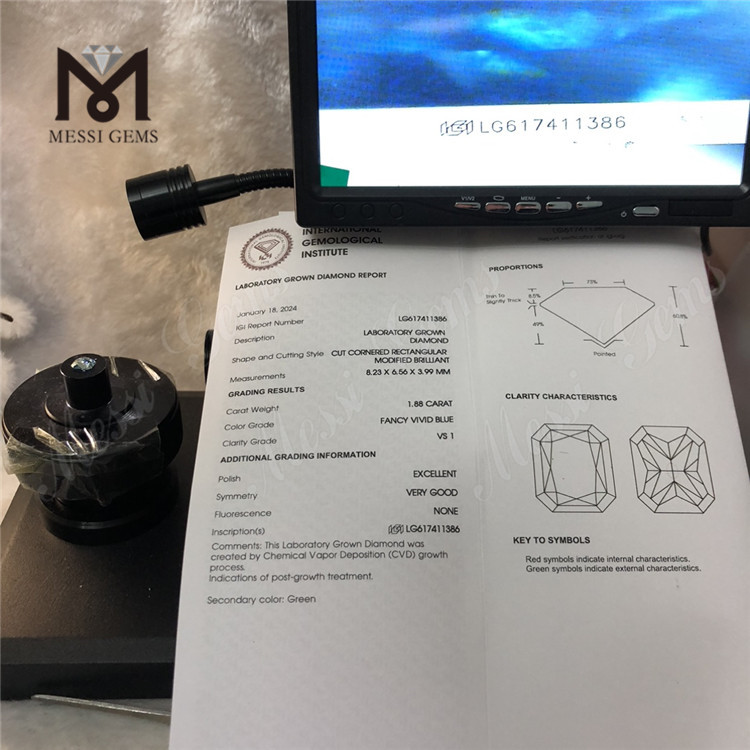 1.88CT VS1 EX VG CVD RECTANGULAR FANCY VIVID BLUE factory diamonds LG617411386丨Messigems