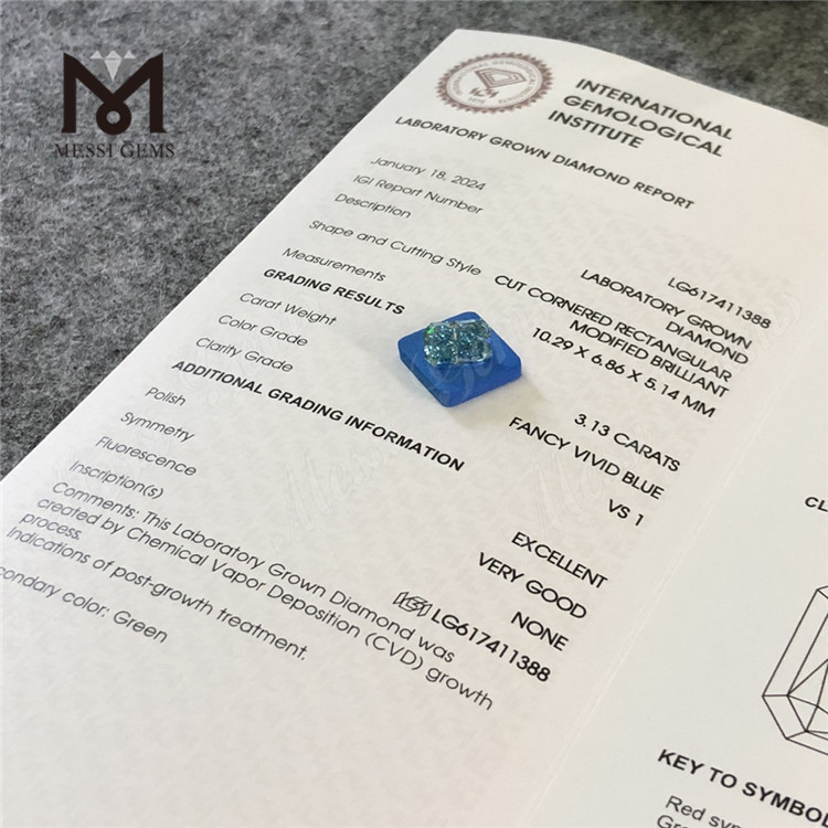 3.13CT VS1 EX VG RECTANGULAR FANCY VIVID BLUE CVD IGI lab created diamonds LG617411388丨Messigems
