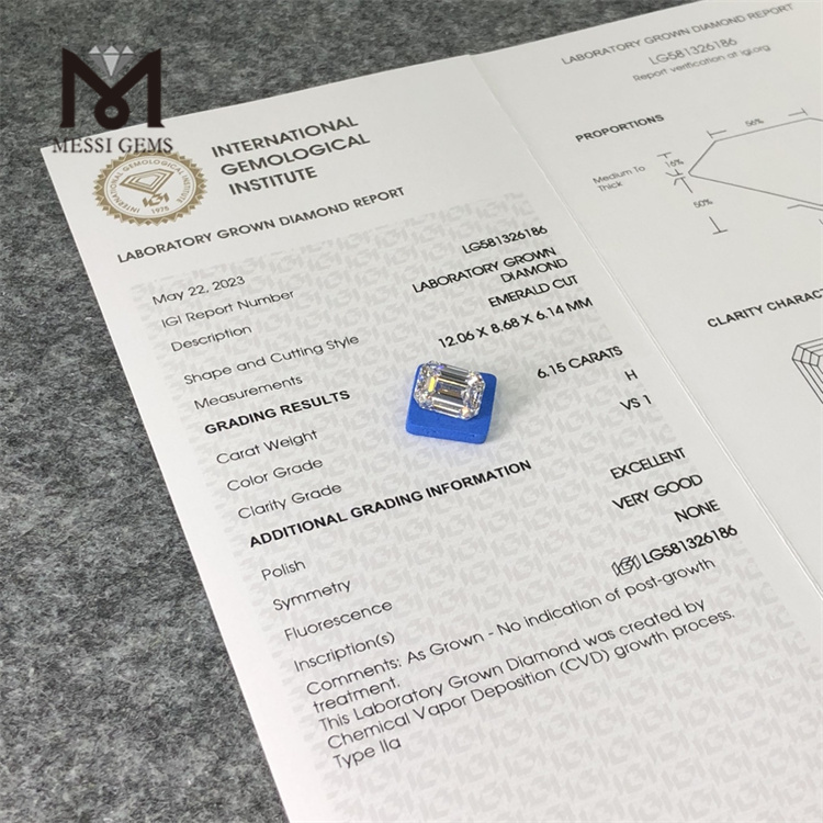 6.15CT H emerald cut cvd diamond VS1 EX VG LG581326186