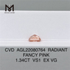1.34CT RADIANT Cut FANCY PINK VS1 EX VG CVD lab diamond AGL22080764 