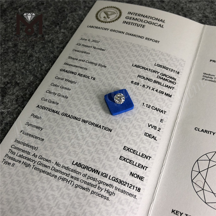 1.12ct E VVS2 ID EX EX Round Synthetic Diamond EX Loose Gemstone