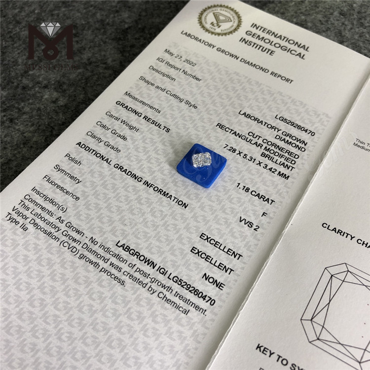 1.18CT RECTANGULAR F VVS2 EX EX CVD Lab Diamonds IGI Certificate