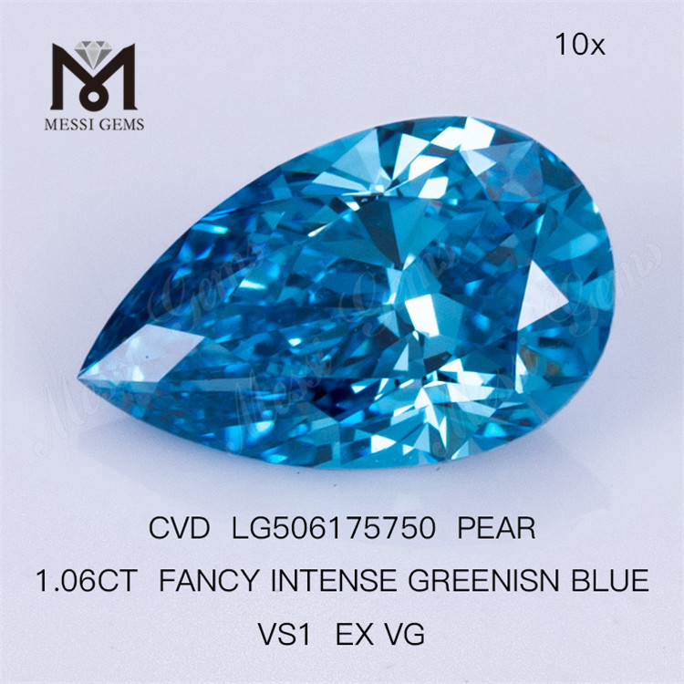 1.06CT FANCY VIVID GREENISN BLUE VS1 EX VG PEAR man made blue diamonds LG506175750 