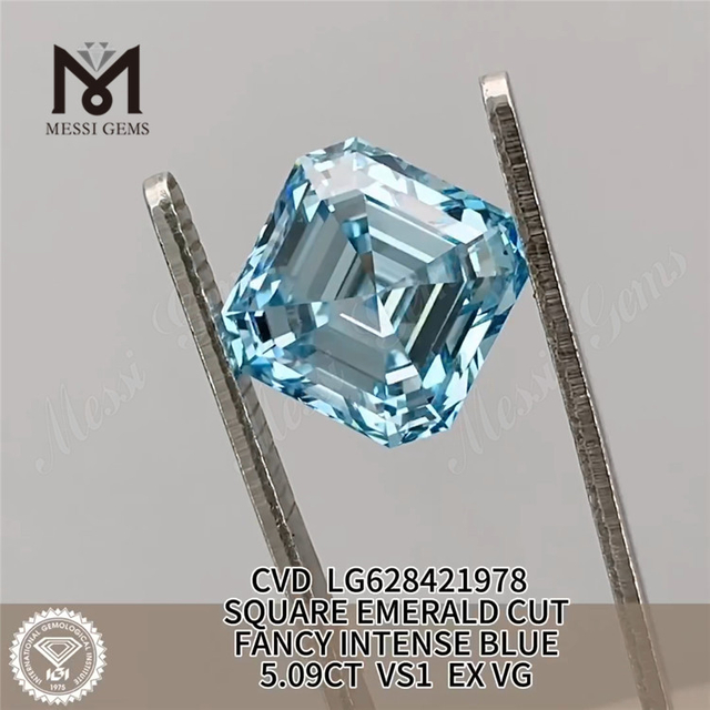 5.09CT SQUARE EMERALD CUT FANCY INTENSE BLUE VS1 EX VG CVD lab created diamond LG628421978丨Messigems 