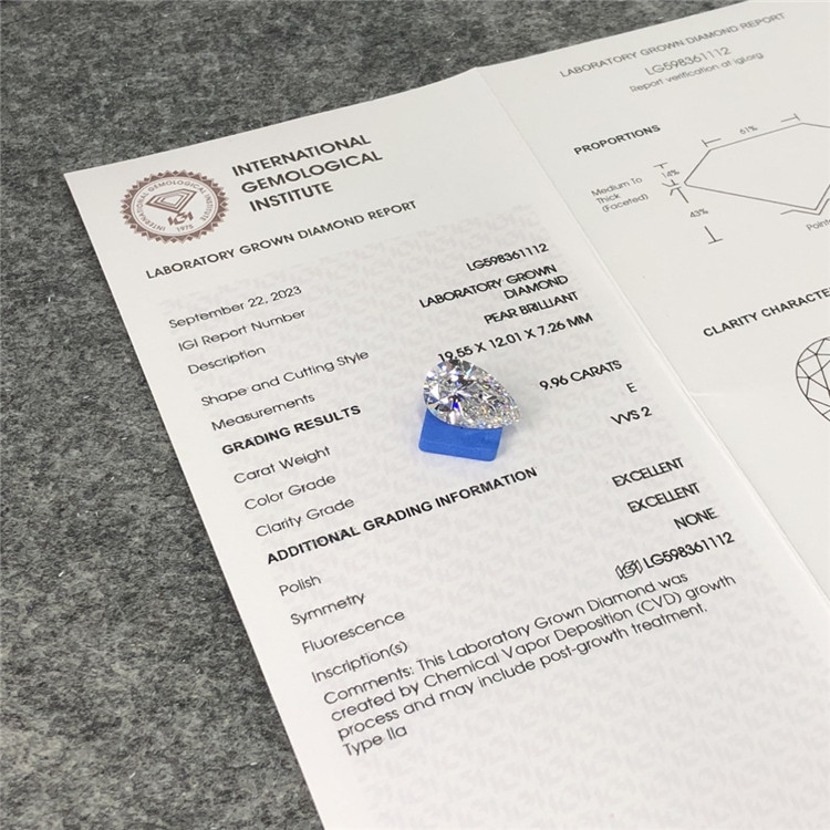 9.96CT PEAR Shape E VVS2 CVD Loose Grown Diamond LG598361112丨Messigems