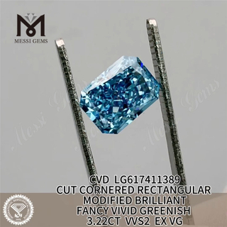 3.22CT RECTANGULAR CUT FANCY VIVID GREENISH BLUE VVS2 EX VG CVD Lab diamond LG617411389丨Messigems