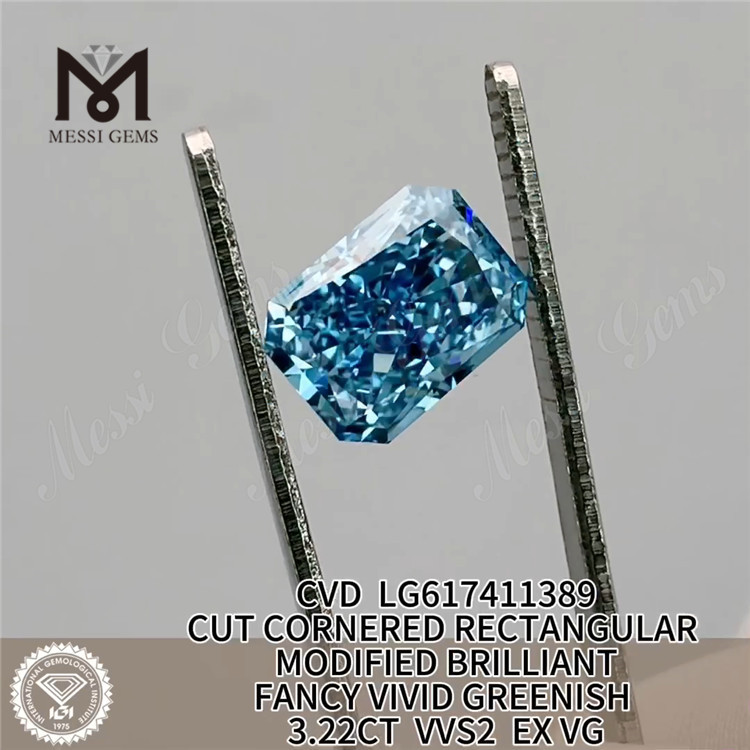 3.22CT RECTANGULAR CUT FANCY VIVID GREENISH BLUE VVS2 EX VG CVD Lab diamond LG617411389丨Messigems