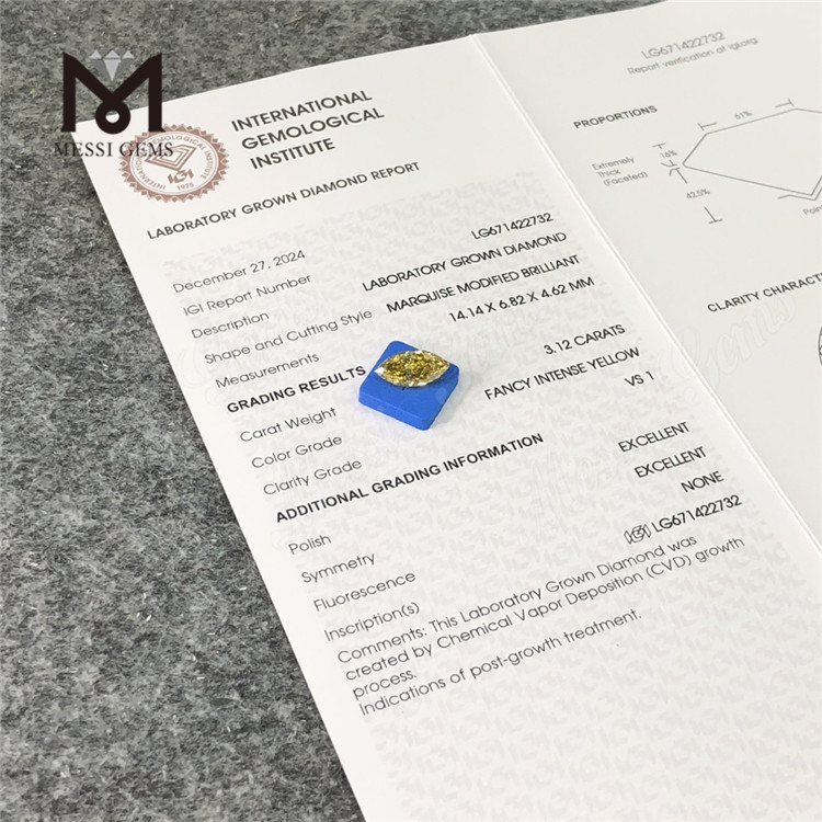 3.12CT MARQUISE Yellow Lab Cultured Diamonds VS1 EX EX CVD LG671422732 