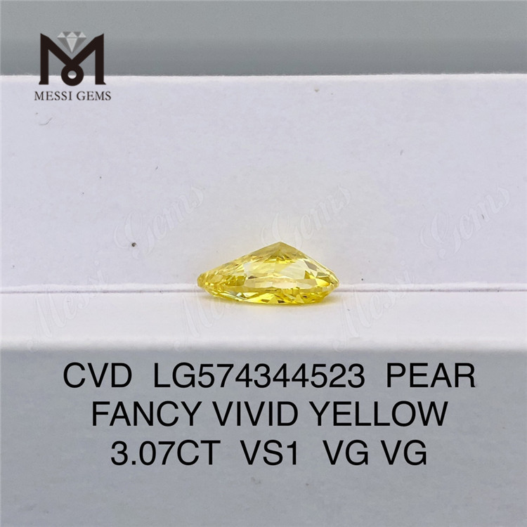 3.07CT PEAR FANCY VIVID YELLOW VS1 VG VG 3ct lab created diamond CVD LG574344523