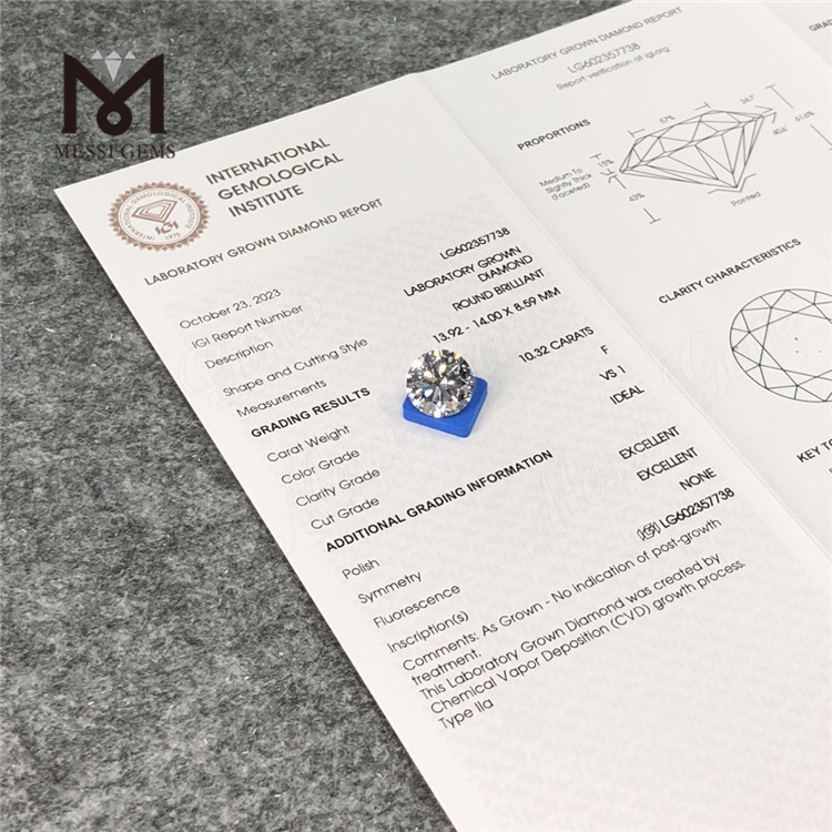 10.32CT F VS1 ID EX EX for Jewelry Designers 10ct cvd grown diamond LG602357738丨Messigems