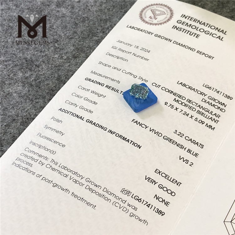 3.22ct rectangulum Conscidisti Umbra Viridis Blue VVS2 Ex VG CVD Lab Diamond Pectus LG61741111389 丨 Messigs