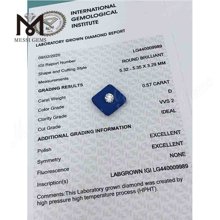 0.57ct D/VVS2 라운드 랩 자란 다이아몬드 이상적인 HPHT 다이아몬드 도매
