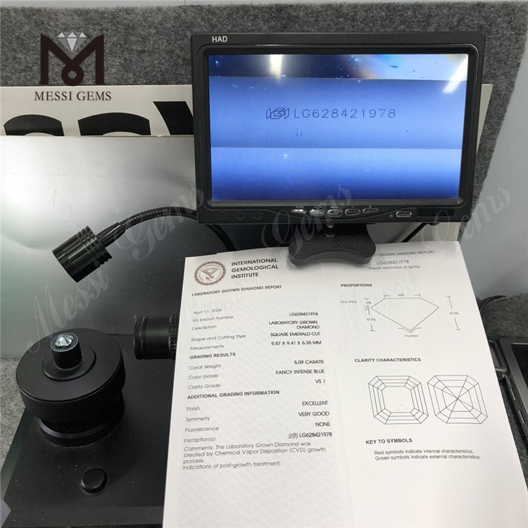 5.09CT SQUARE EMERALD CUT FANCY INTENSE BLUE VS1 EX VG CVD lab created diamond LG628421978丨Messigems 